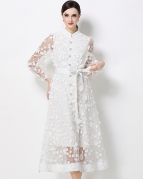 Flowers A-line cstand collar long sleeve romantic style dress