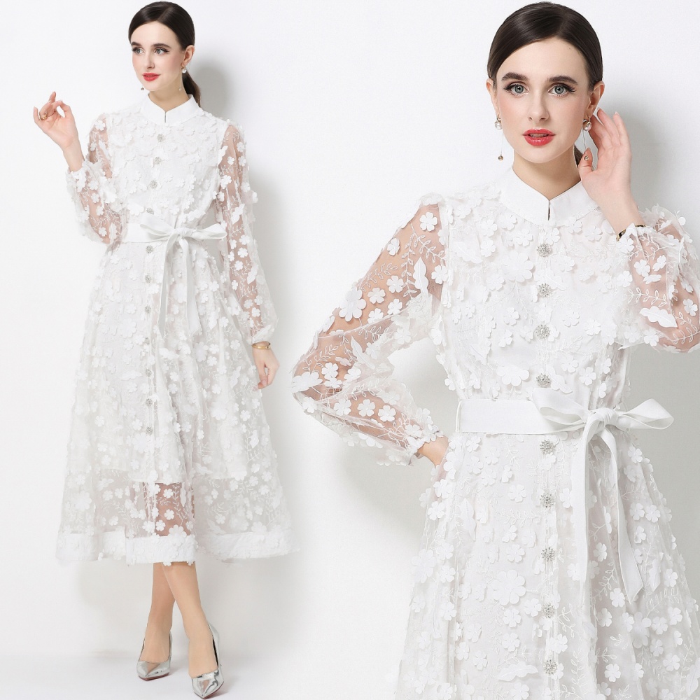 Flowers A-line cstand collar long sleeve romantic style dress