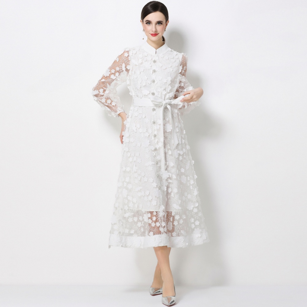 Flowers A-line cstand collar long sleeve romantic style dress