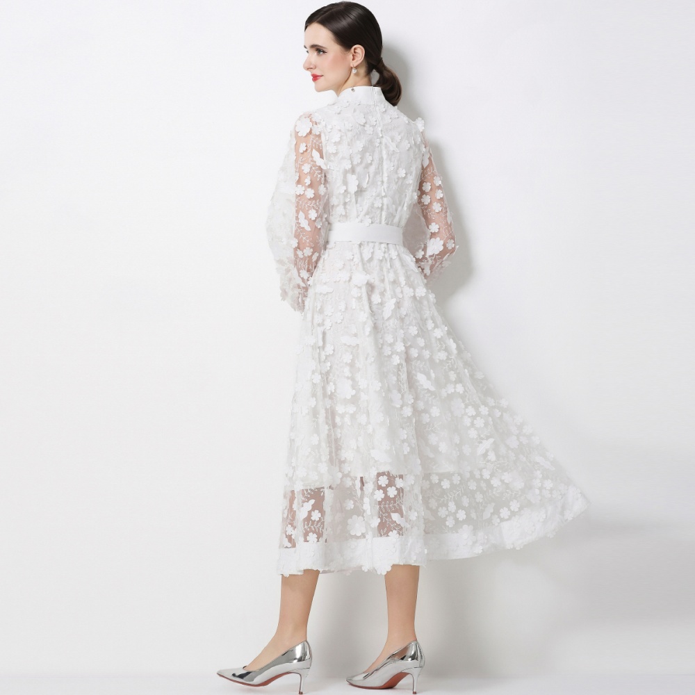 Flowers A-line cstand collar long sleeve romantic style dress