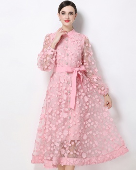 Flowers long sleeve France style A-line slim dress