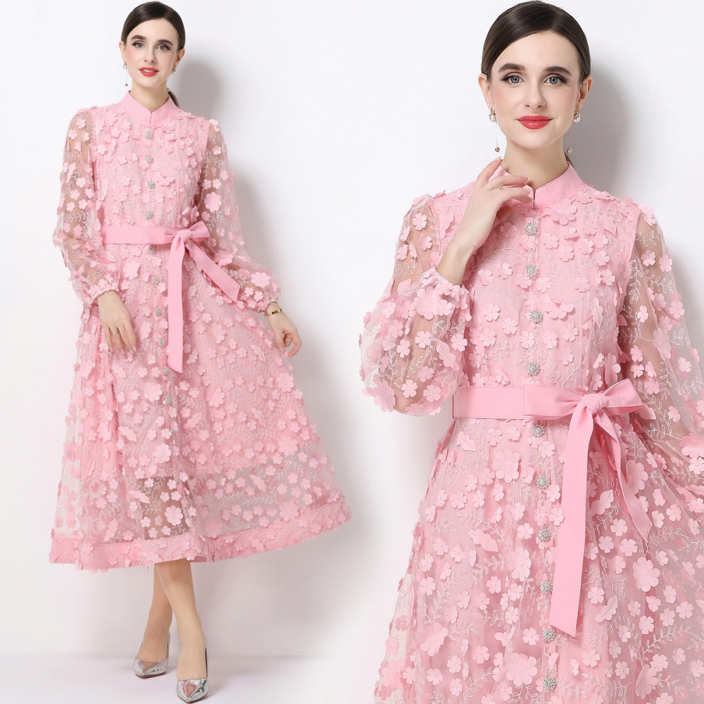 Flowers long sleeve France style A-line slim dress