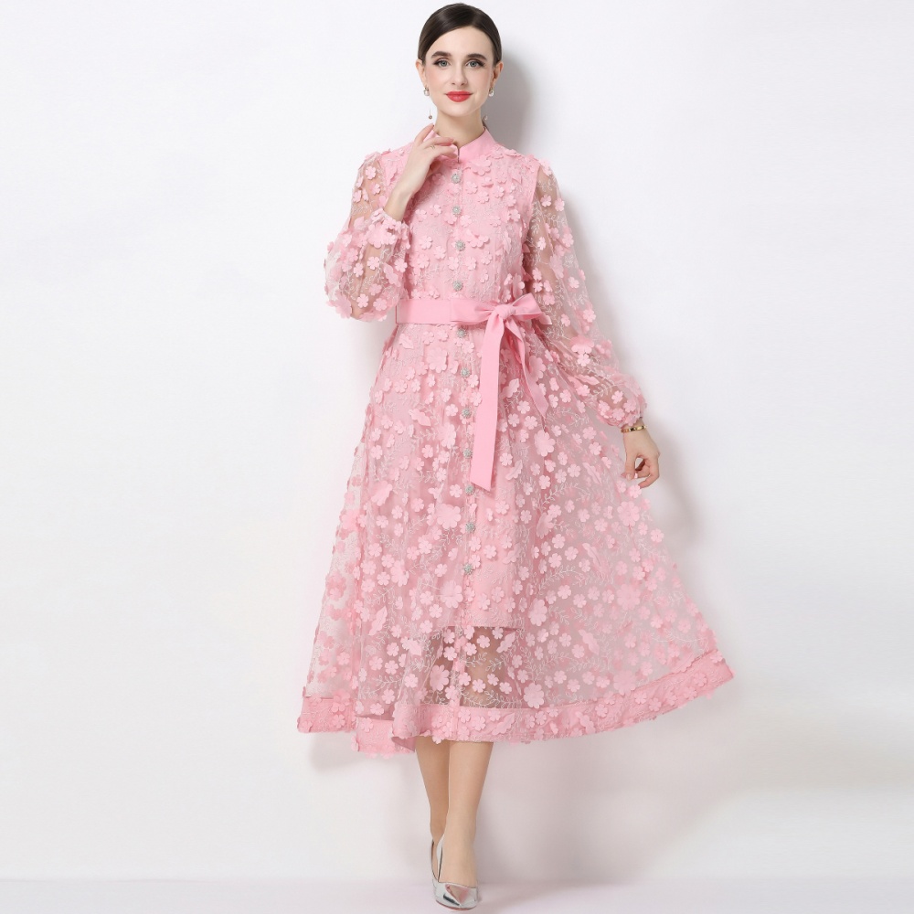Flowers long sleeve France style A-line slim dress