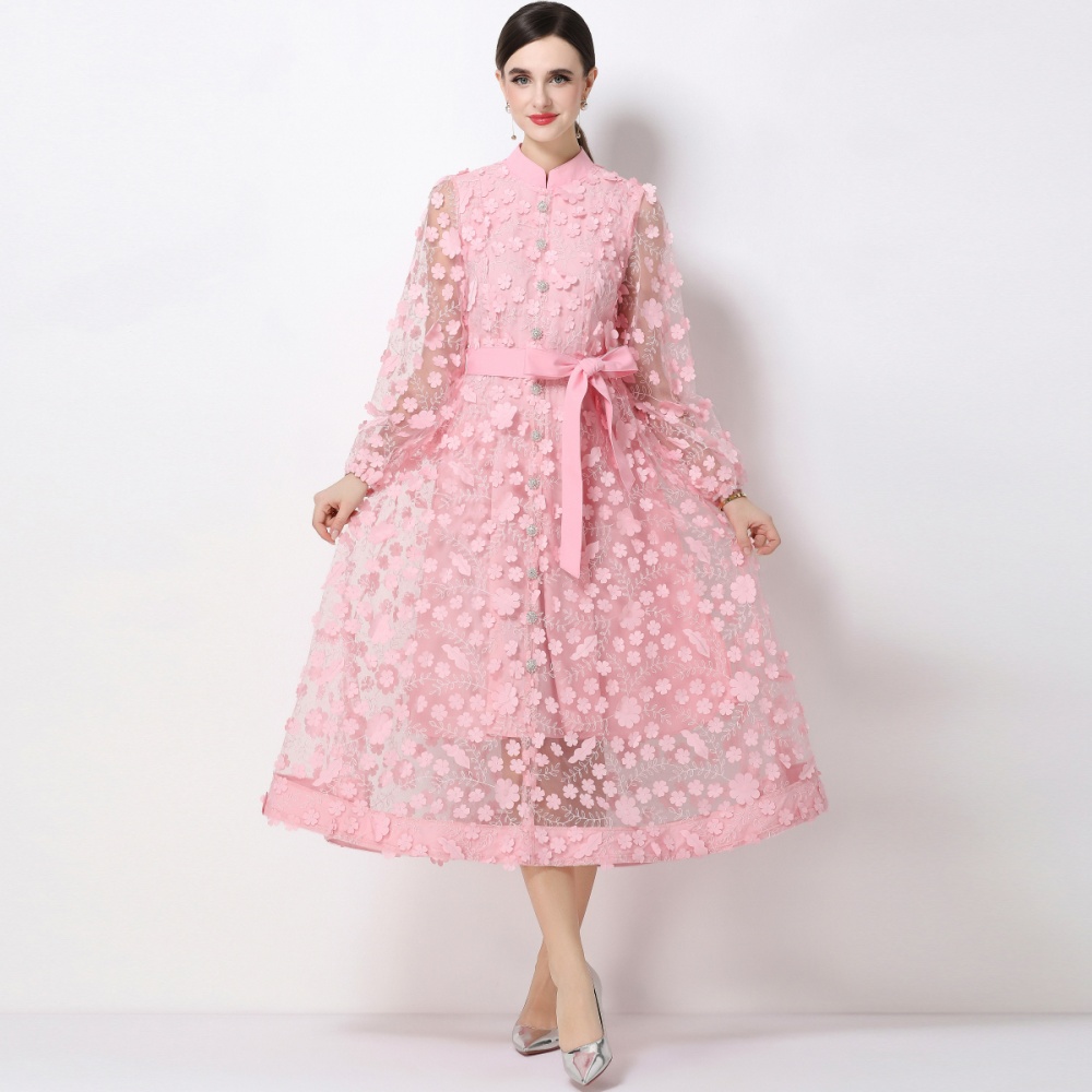 Flowers long sleeve France style A-line slim dress