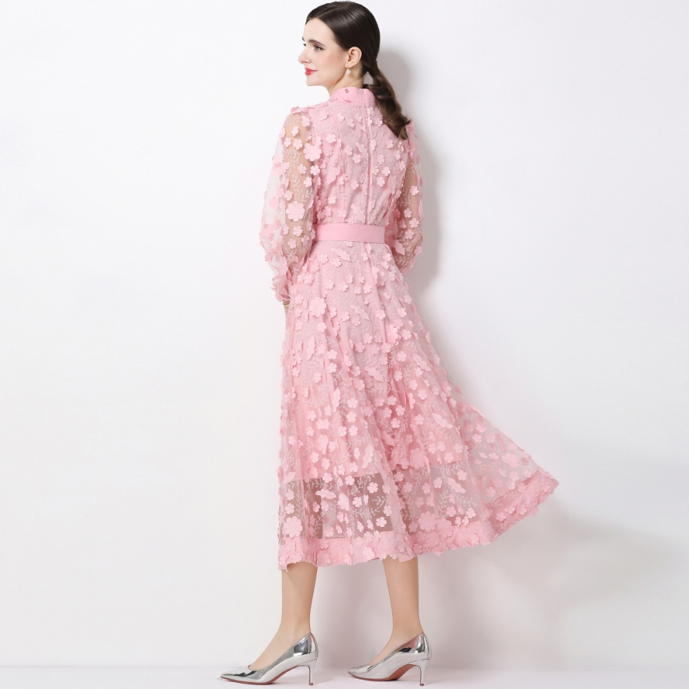 Flowers long sleeve France style A-line slim dress