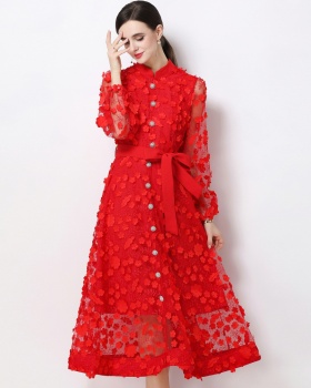 A-line long sleeve stereoscopic romantic style dress