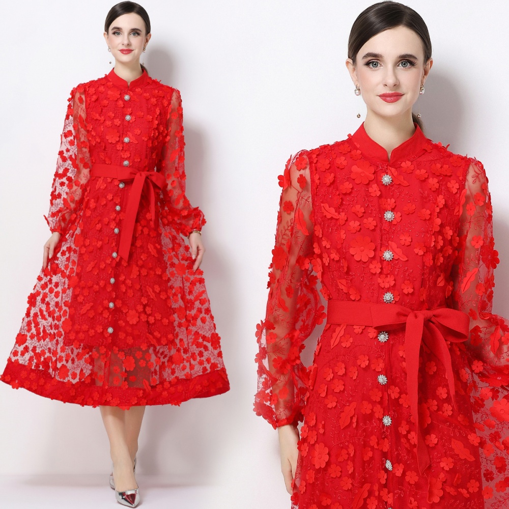 A-line long sleeve stereoscopic romantic style dress