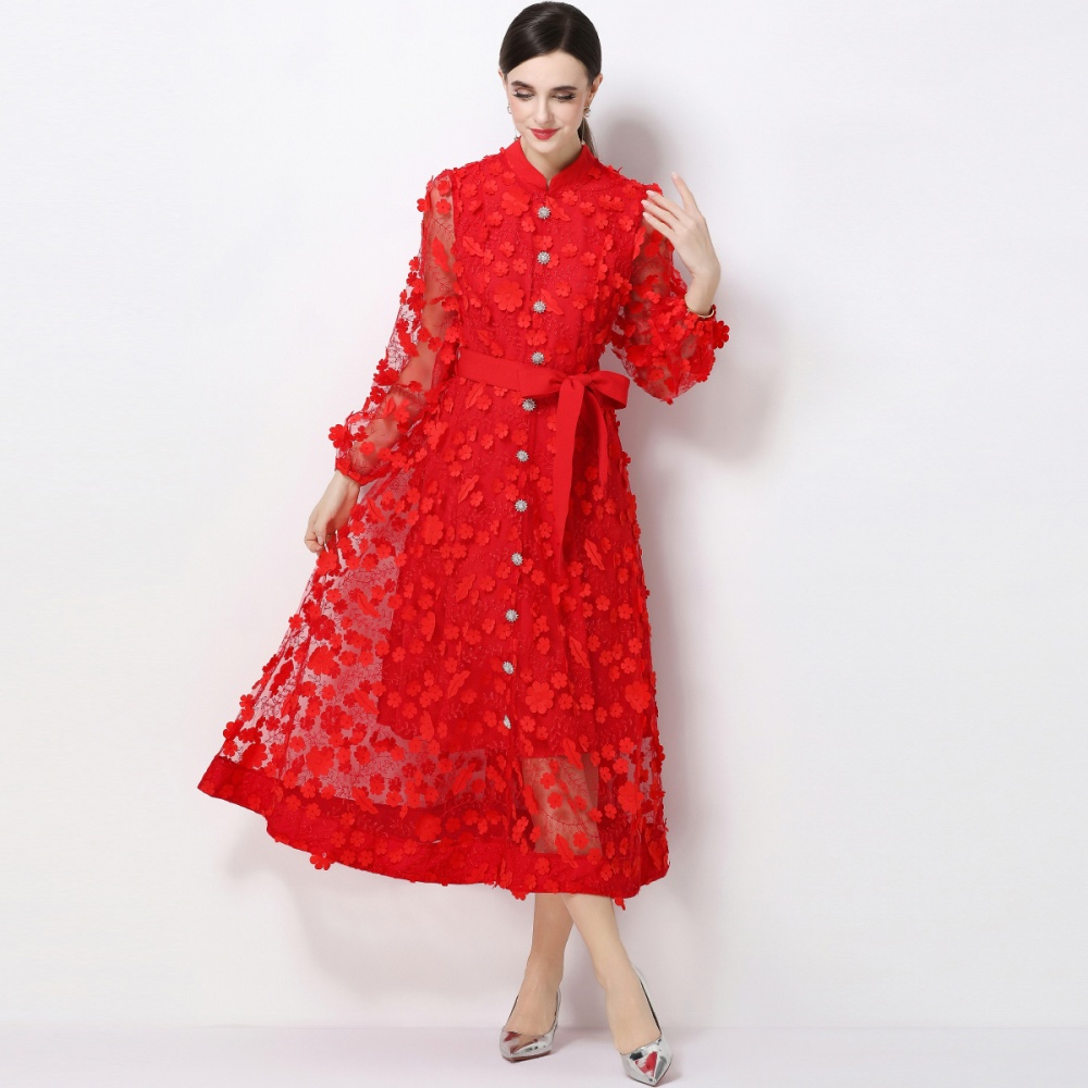 A-line long sleeve stereoscopic romantic style dress