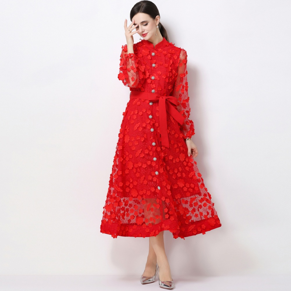 A-line long sleeve stereoscopic romantic style dress