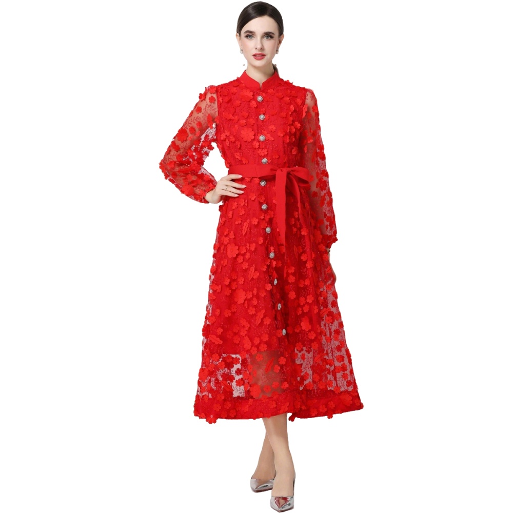 A-line long sleeve stereoscopic romantic style dress