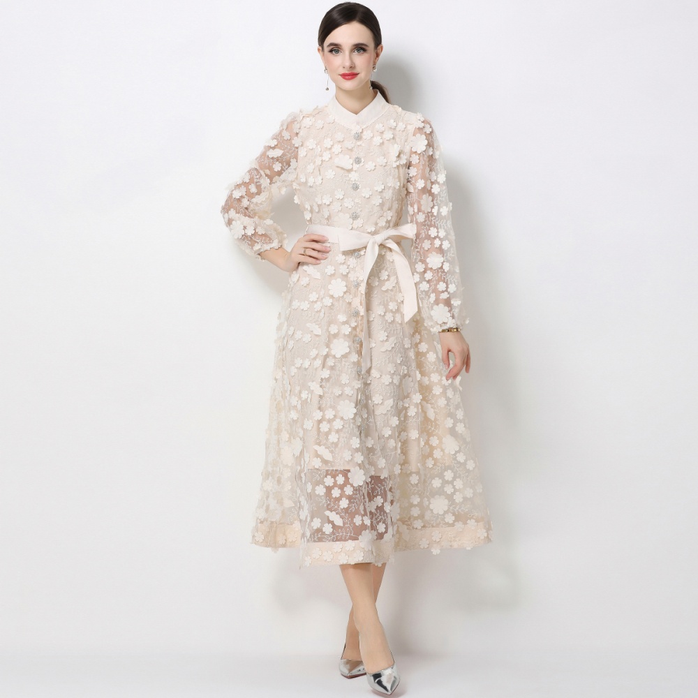Elegant pinched waist long sleeve embroidery slim dress