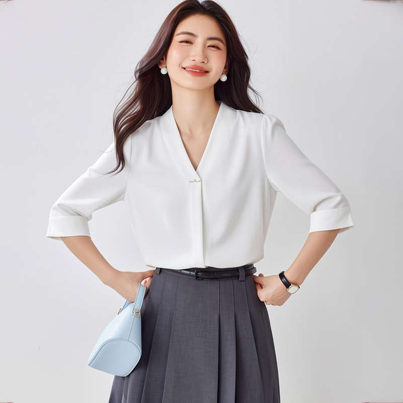 Niche V-neck clavicle shirt white chiffon spring tops for women