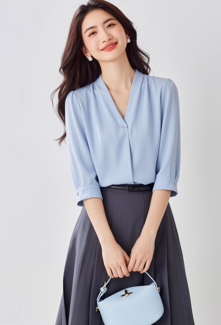 Niche V-neck clavicle shirt white chiffon spring tops for women