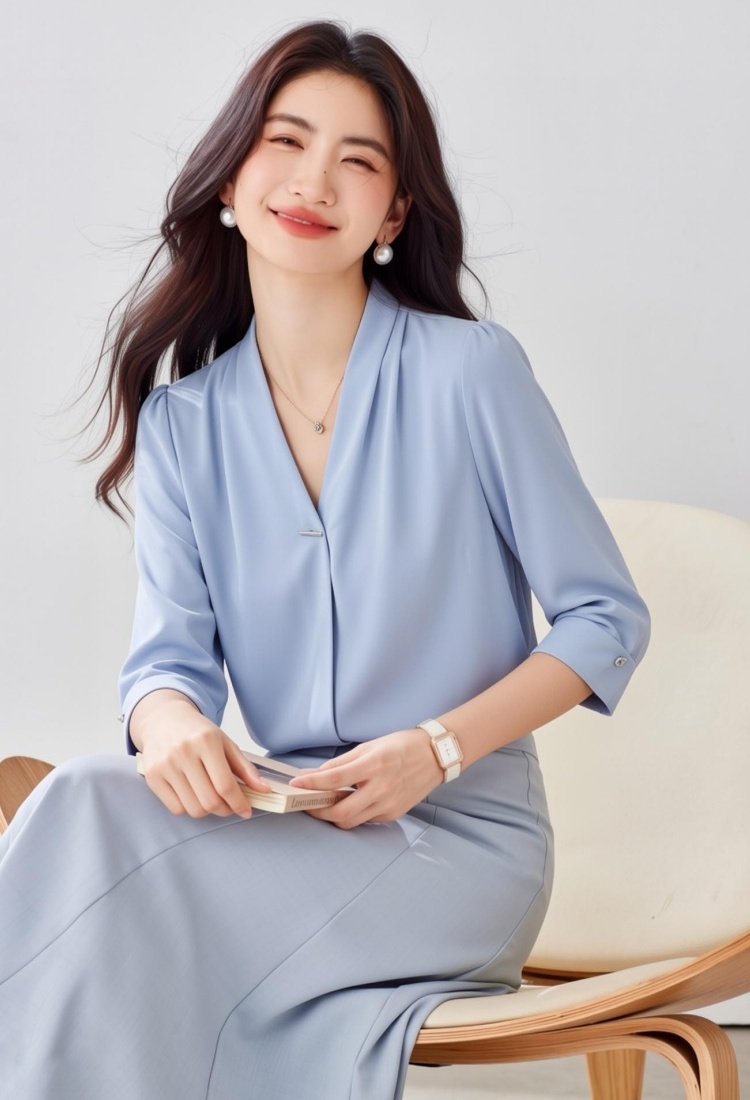 Niche V-neck clavicle shirt white chiffon spring tops for women