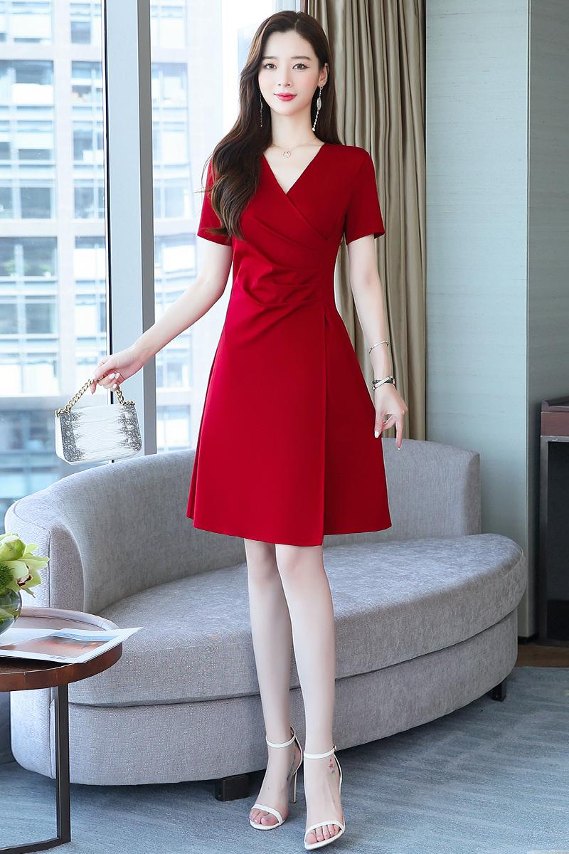 Summer temperament red wine-red fashion dress for women