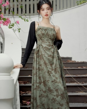 Chinese style pinched waist cardigan slim dress 2pcs set