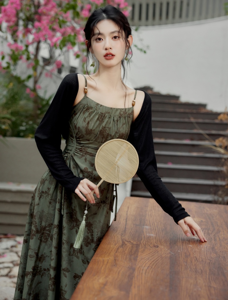 Chinese style pinched waist cardigan slim dress 2pcs set