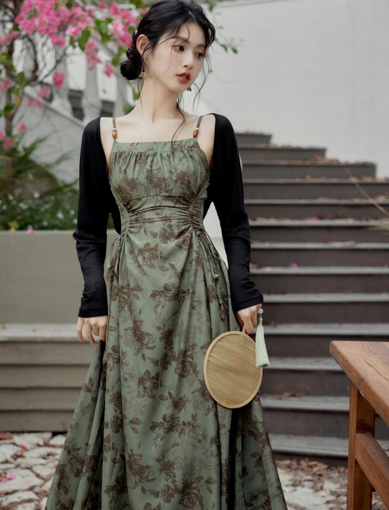 Chinese style pinched waist cardigan slim dress 2pcs set