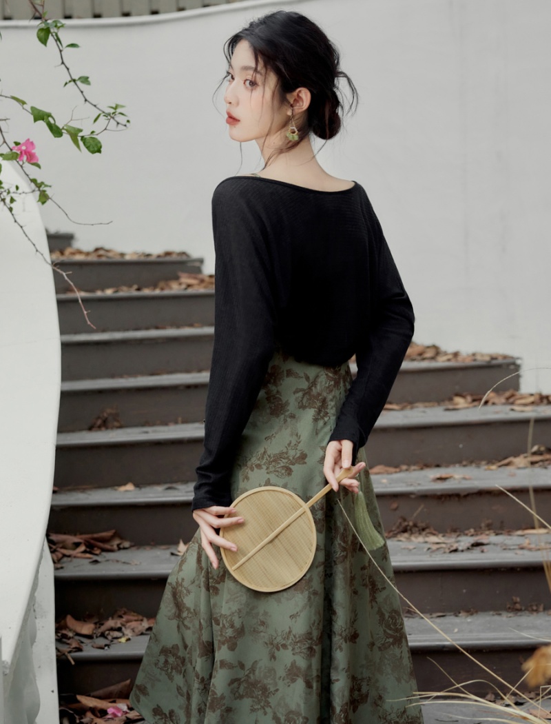 Chinese style pinched waist cardigan slim dress 2pcs set