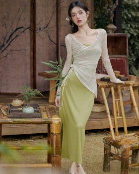 Slim colors Chinese style sling dress 2pcs set