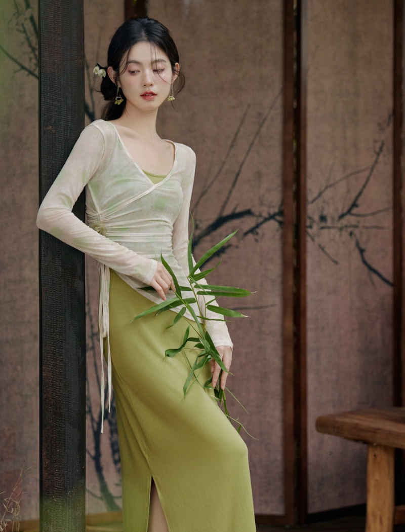 Slim colors Chinese style sling dress 2pcs set