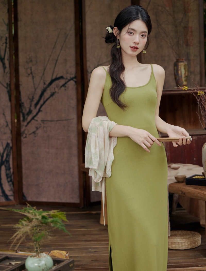 Slim colors Chinese style sling dress 2pcs set