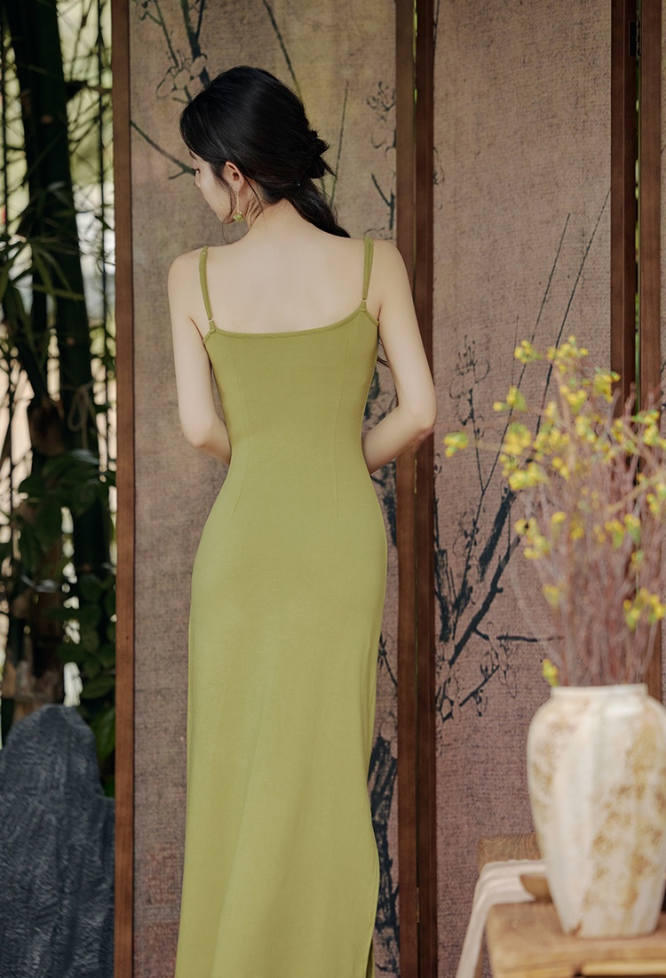 Slim colors Chinese style sling dress 2pcs set