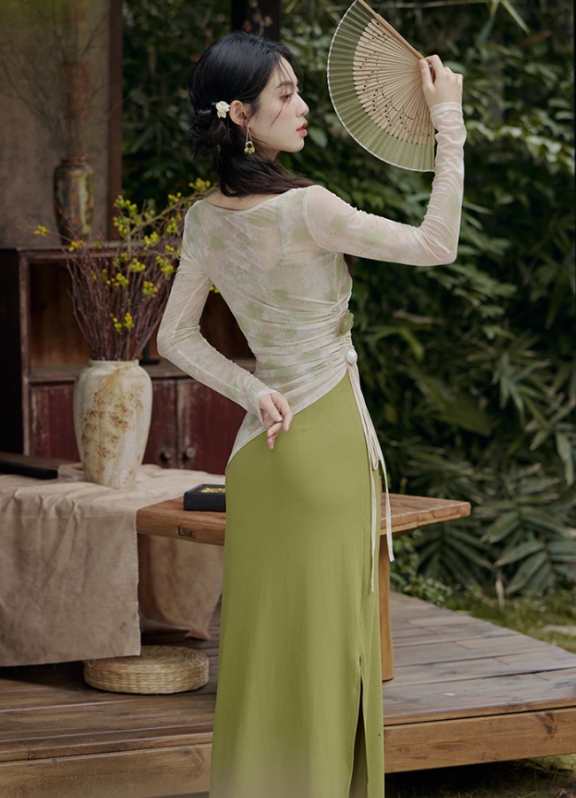 Slim colors Chinese style sling dress 2pcs set