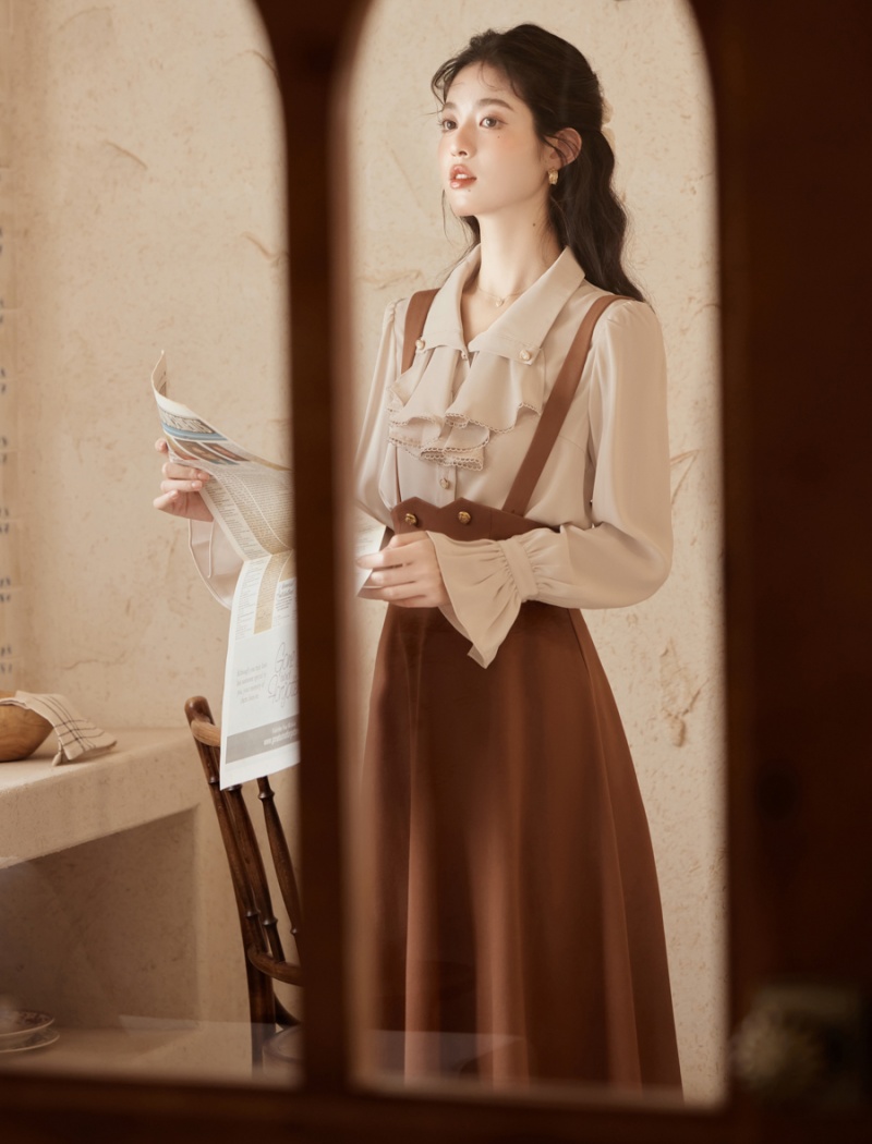 Court style strap dress shirt 2pcs set for women