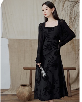 Fashion flocking cardigan drawstring dress a set