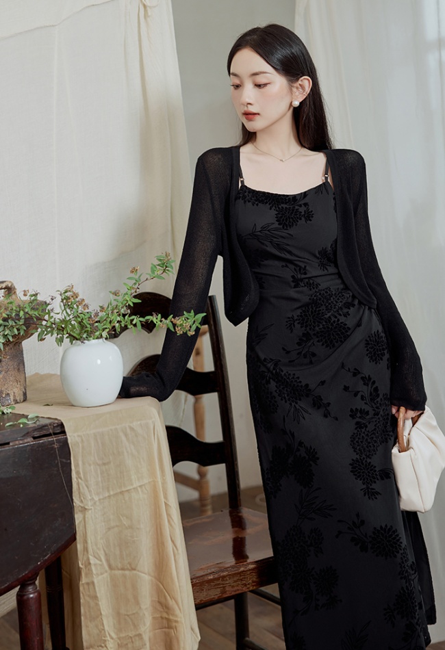 Fashion flocking cardigan drawstring dress a set