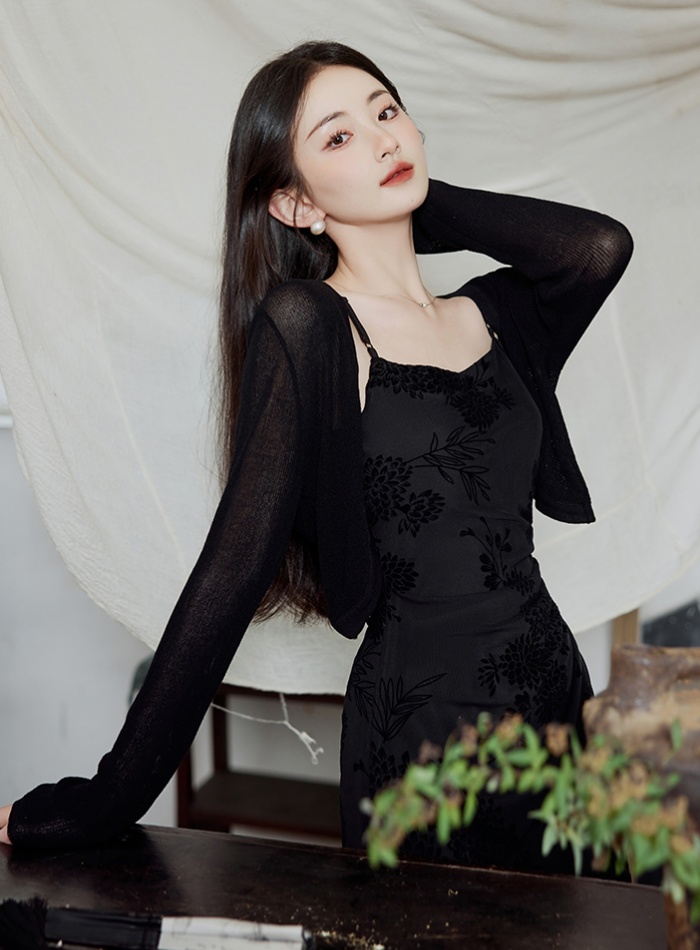 Fashion flocking cardigan drawstring dress a set