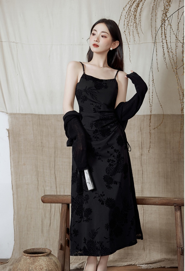 Fashion flocking cardigan drawstring dress a set