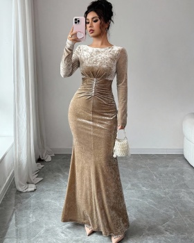 Elegant velvet long retro tight dress for women