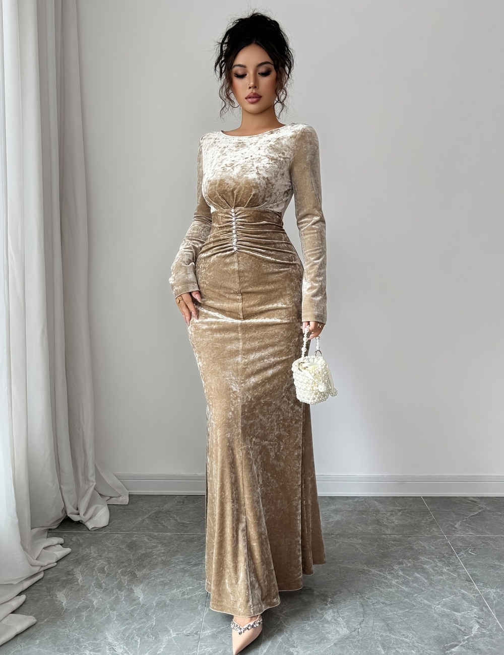 Elegant velvet long retro tight dress for women