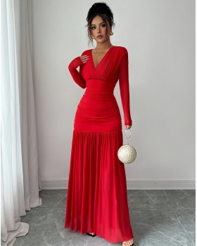 Elegant long pinched waist sexy V-neck dress