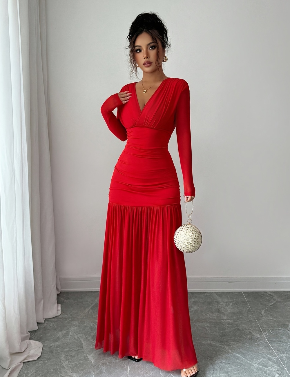 Elegant long pinched waist sexy V-neck dress
