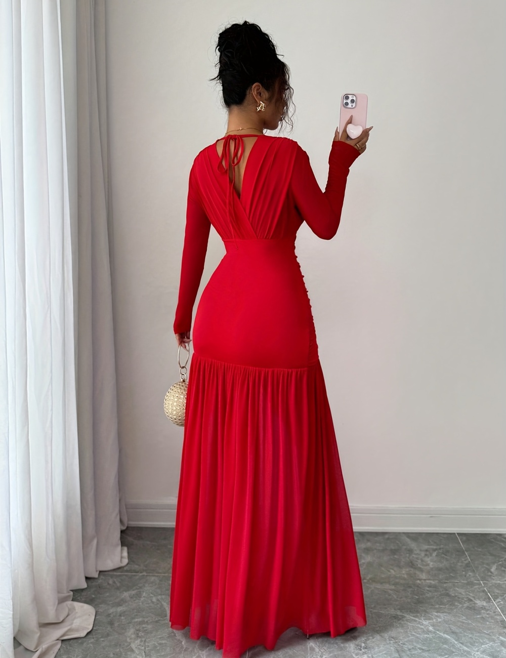Elegant long pinched waist sexy V-neck dress