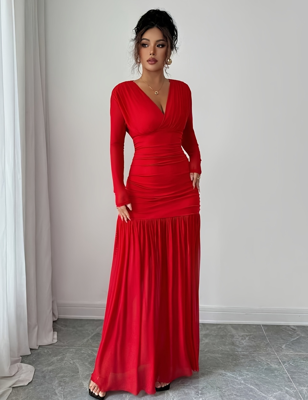 Elegant long pinched waist sexy V-neck dress