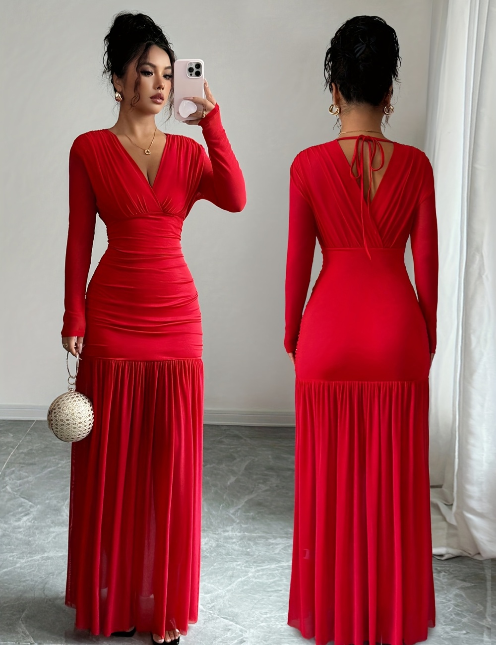 Elegant long pinched waist sexy V-neck dress
