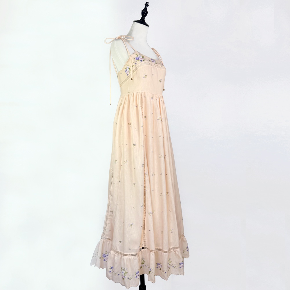 Vacation printing long lace frenum splice dress