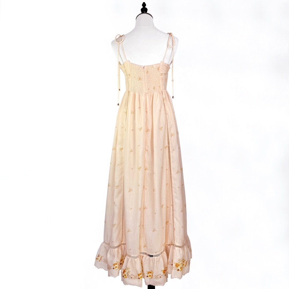 Vacation printing long lace frenum splice dress