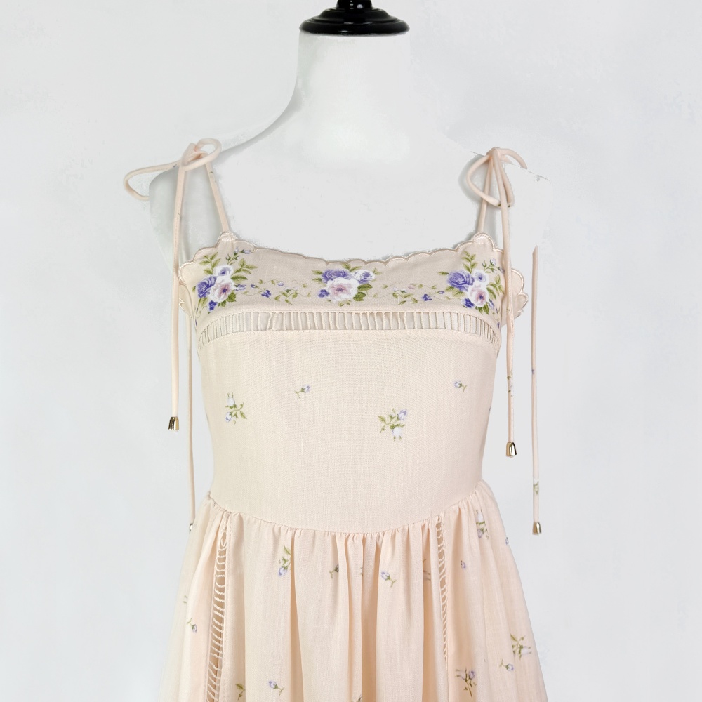 Vacation printing long lace frenum splice dress