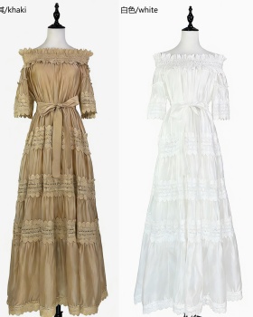 Lace horizontal collar dress long big skirt long dress