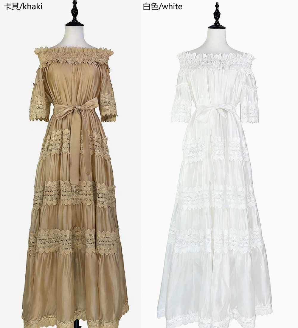 Lace horizontal collar dress long big skirt long dress