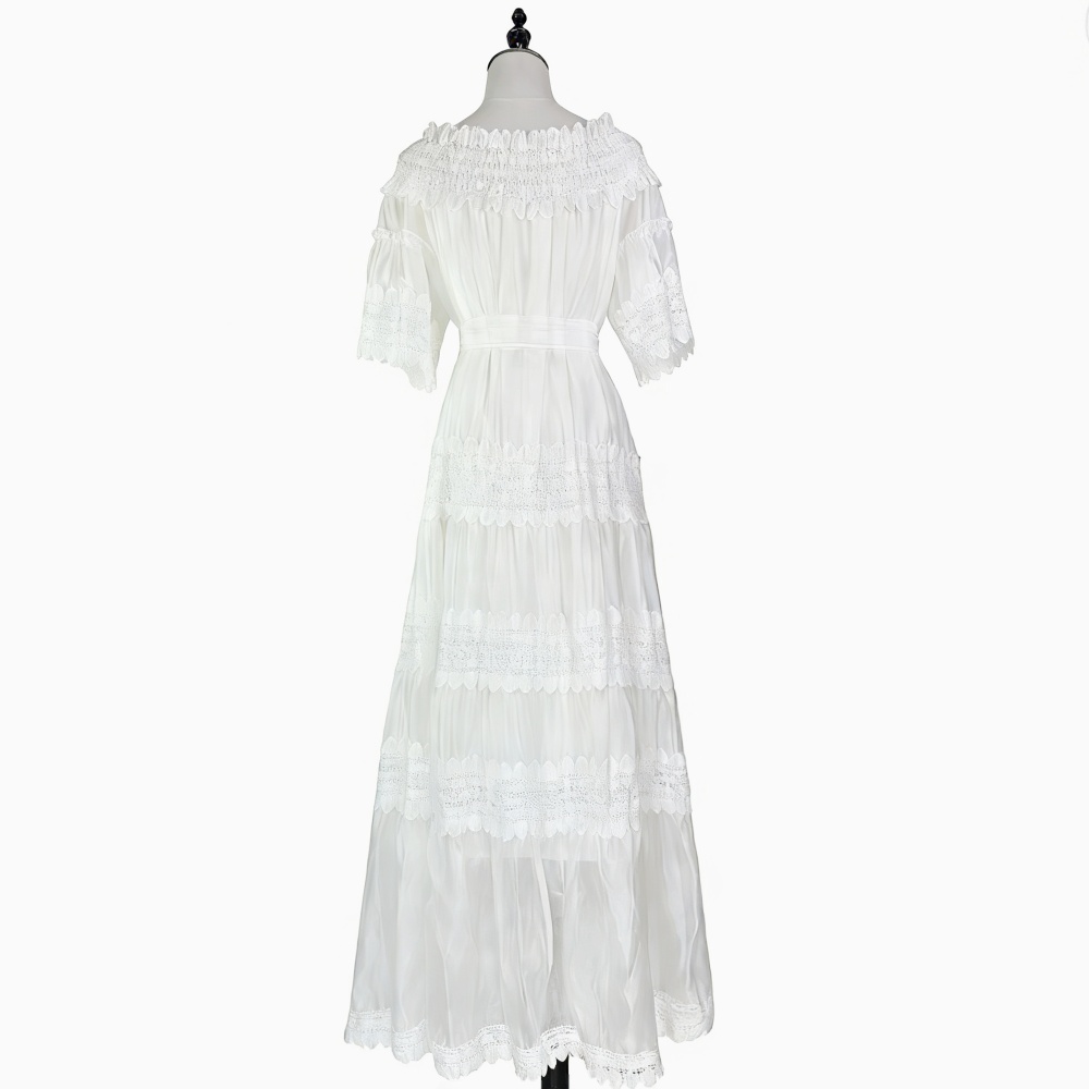 Lace horizontal collar dress long big skirt long dress