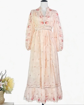 Big skirt retro high waist long dress hollow printing dress