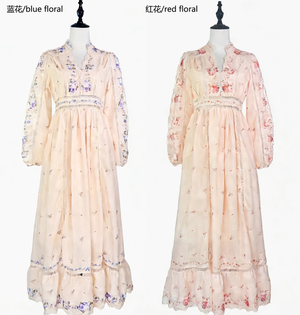 Big skirt retro high waist long dress hollow printing dress