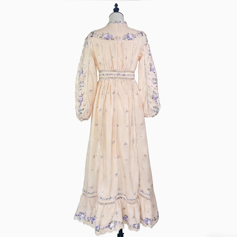 Big skirt retro high waist long dress hollow printing dress