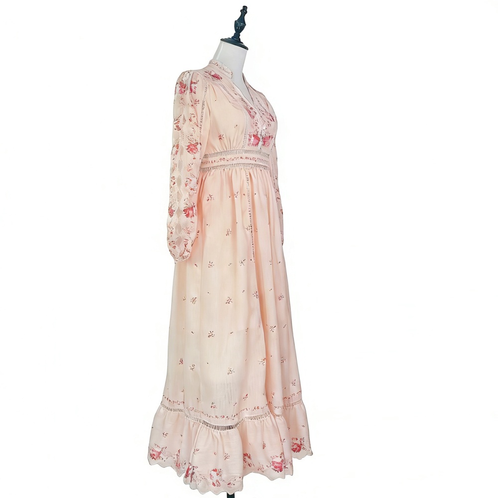 Big skirt retro high waist long dress hollow printing dress